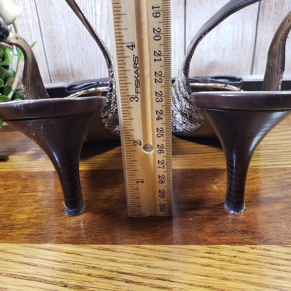 Ellen Tracy Size 9 Brown Snakeskin Print Jaywalk Slingback Open Toe Heels - Picture 5 of 10